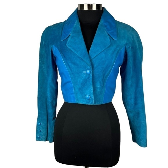 MICHAEL HOBAN NORTH BEACH VINTAGE 90S LEATHER BLUE CROP JACKET SKIRT SET SUIT - Picture 5 of 16